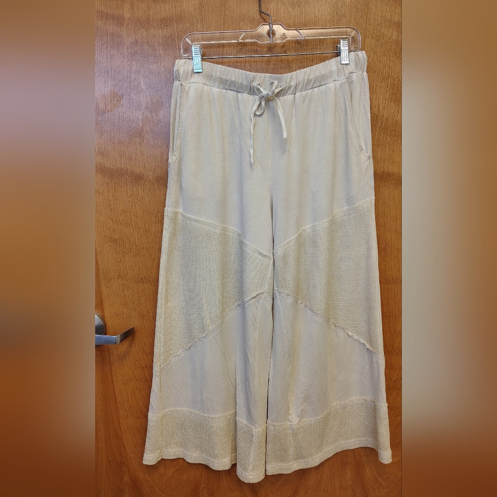 POL Wide Leg Elastic Waist Cream Beige Drawstring Pants